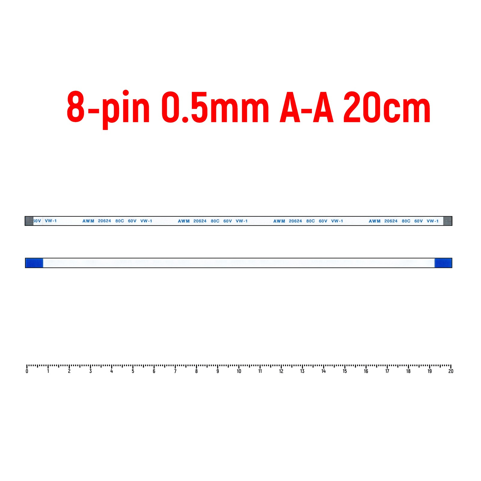 

Шлейф FFC 8-pin Шаг 0.5mm Длина 20cm Прямой A-A AWM 20624 80C 60V VW-1