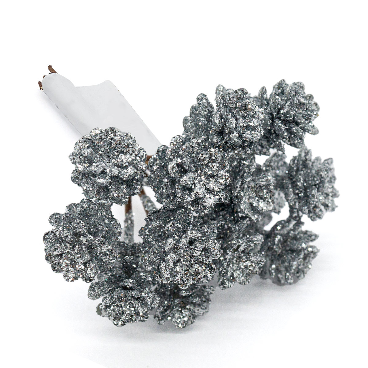 Шишки на проволоке с глиттером 2*2*10см, серебряный, 12шт, Айрис