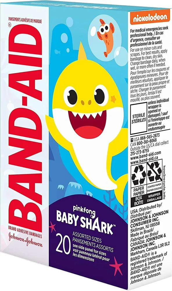 

Пластырь Band-Aid Baby Shark, Детский, с рисунками, 20шт, Голубой, Band-Aid, Детский лейкопластырь с цветными рисунками, 20шт / акула