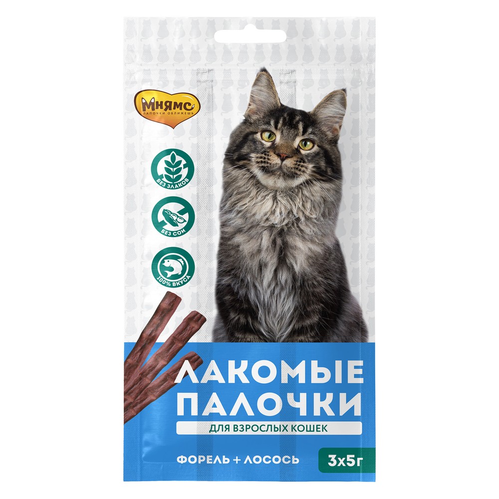 

Лакомство для кошек МНЯМС лакомые палочки с форелью и лососем 13,5см 35 шт 3х5г