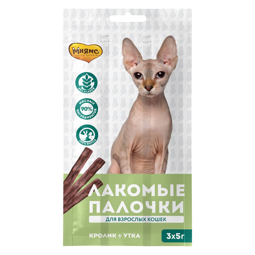 

Лакомство для кошек МНЯМС лакомые палочки с уткой и кроликом, 35шт по 3*5г