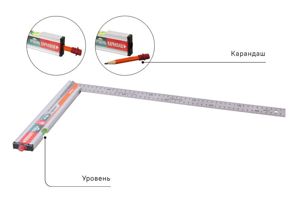 Угольник с уровнем и карандашом,Sturm! 2020-06-500, 500мм, стальной, серия Кулибин