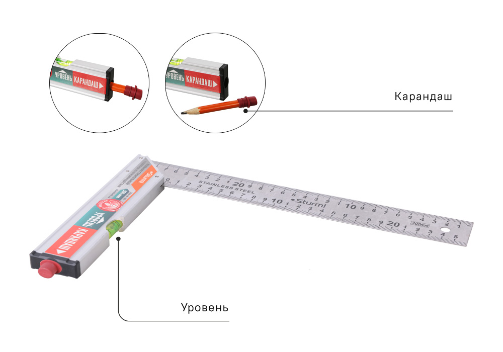 Угольник с уровнем и карандашом Sturm! 2020-06-300  300мм, стальной, серия Кулибин