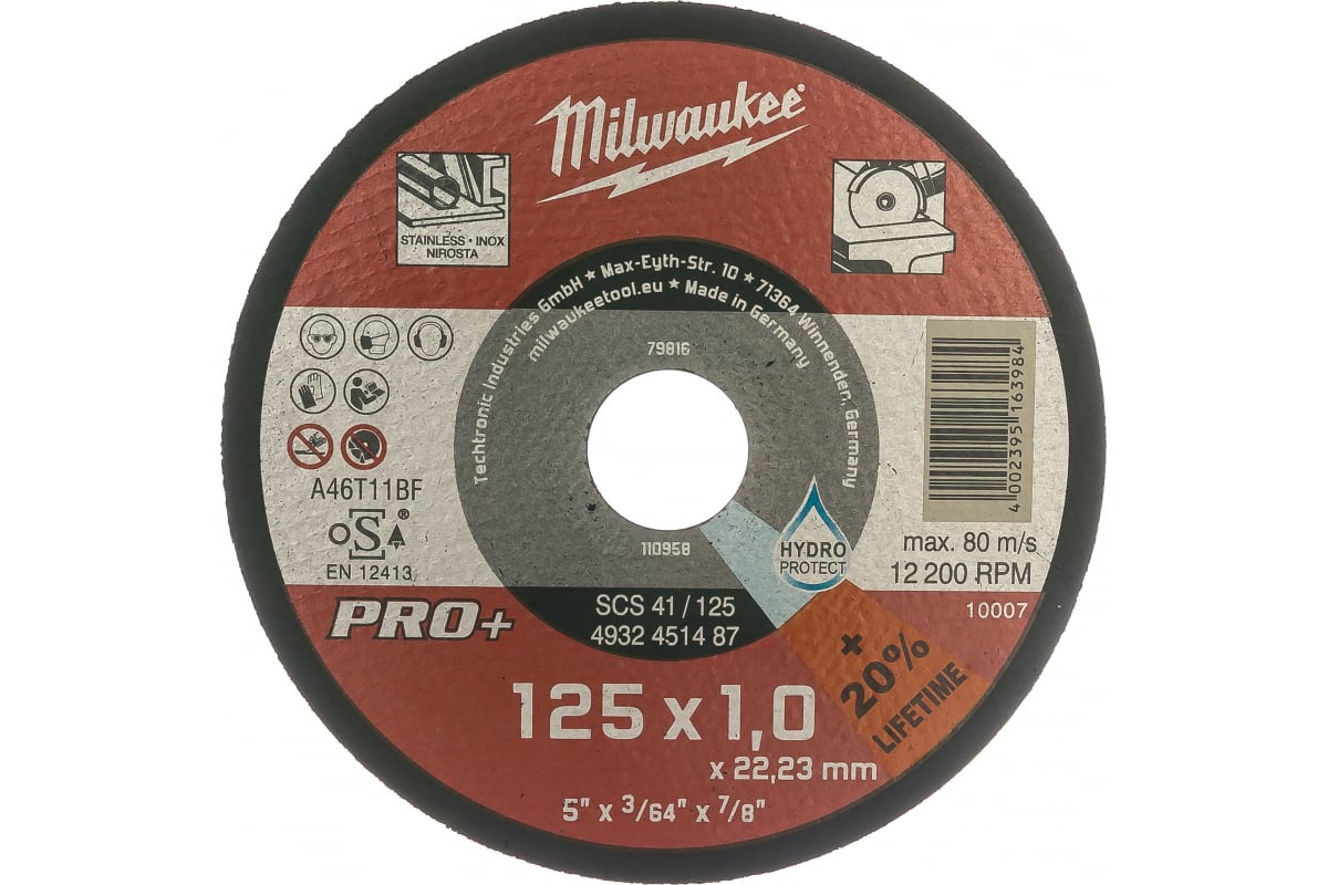 Диск абразивный Milwaukee 4932451487 PRO+ 125х1х22.2 мм отрезной диск scs 41 230х1 9 pro 1шт заказ кратно 25шт 4932451490 milwaukee арт 493245