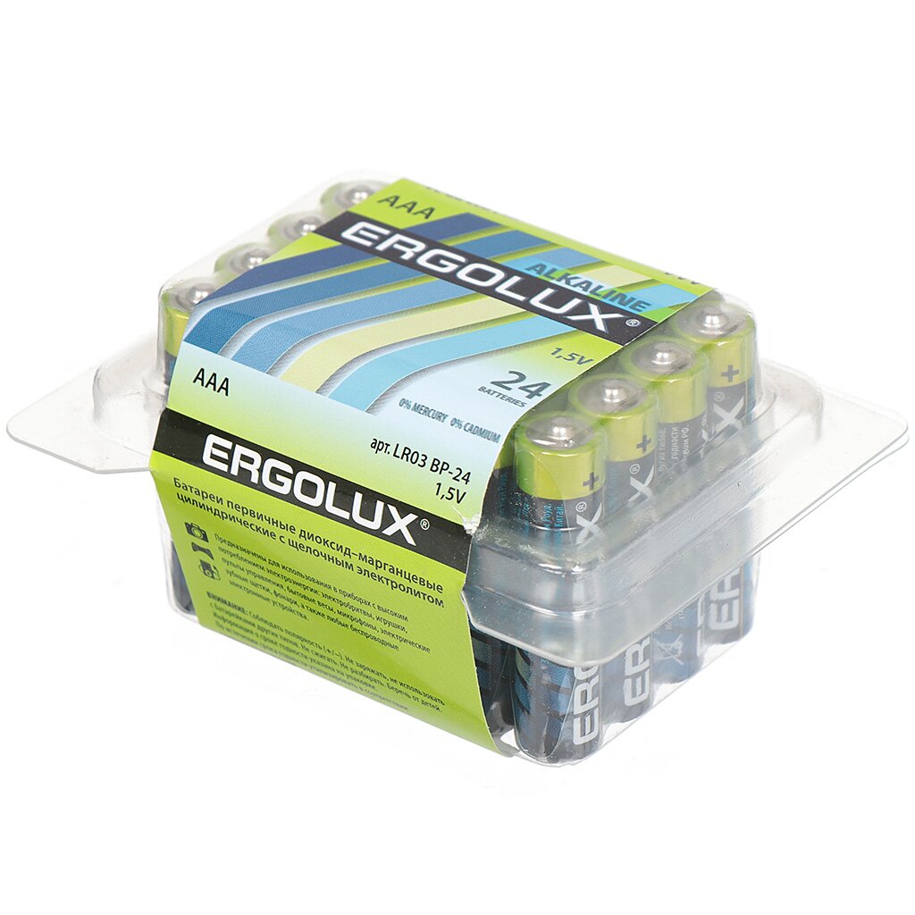 Батарейка щелочная Ergolux Alkaline LR03 BP-24 AAA, 1,5V, 24 шт. батарейка ergolux 6f22sr1 9v 1 шт