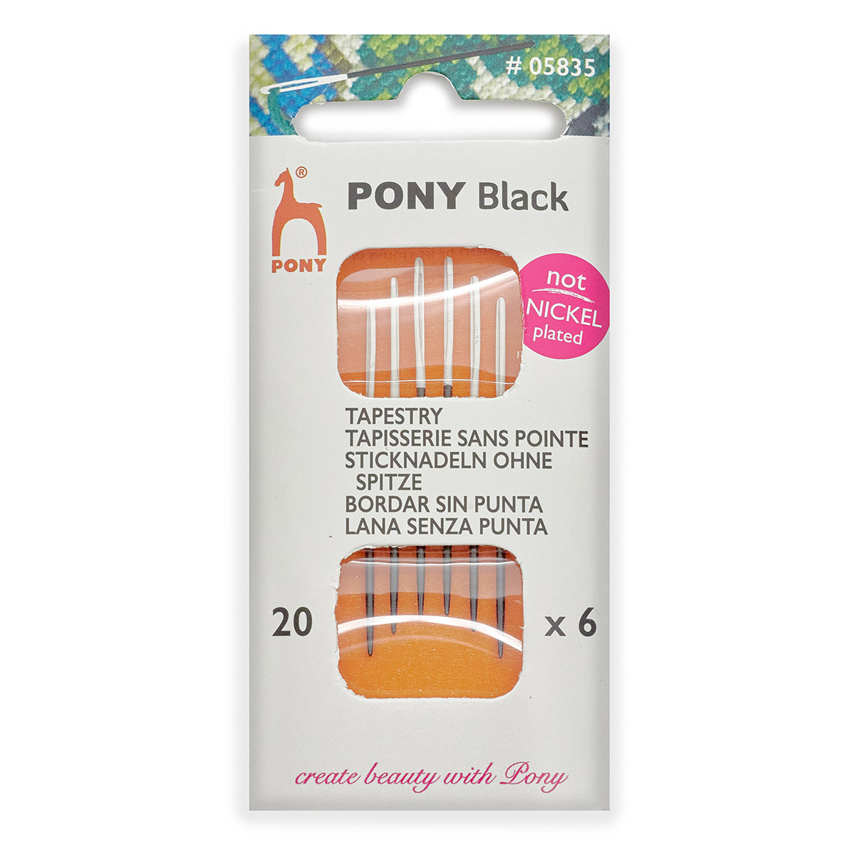 Иглы для вышивания гобеленовые № 20, ручные, белое ушко, PONY Tapestry BLACK, 05835, 6 шт