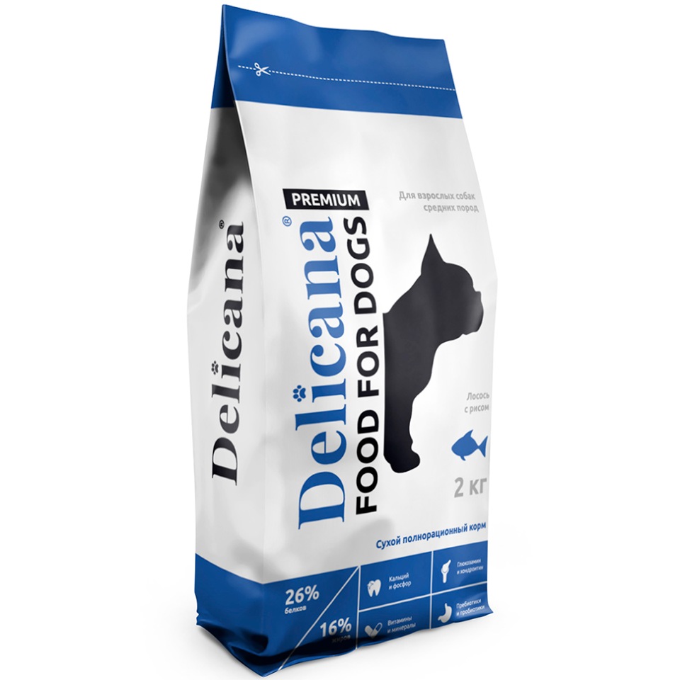 Сухой корм для собак Delicana Premium, для средних пород, рис, лосось, 2кг