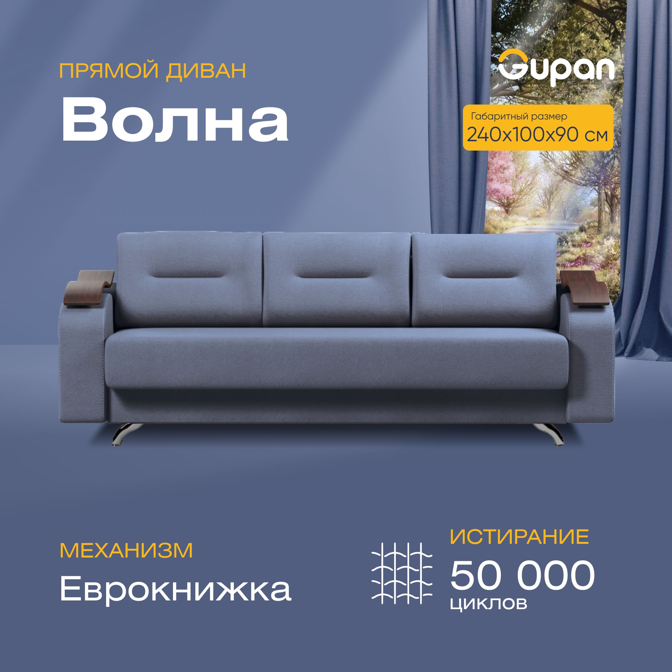 

Диван-кровать Gupan Волна, материал Велюр, Amigo Navy, беспружинный, Волна