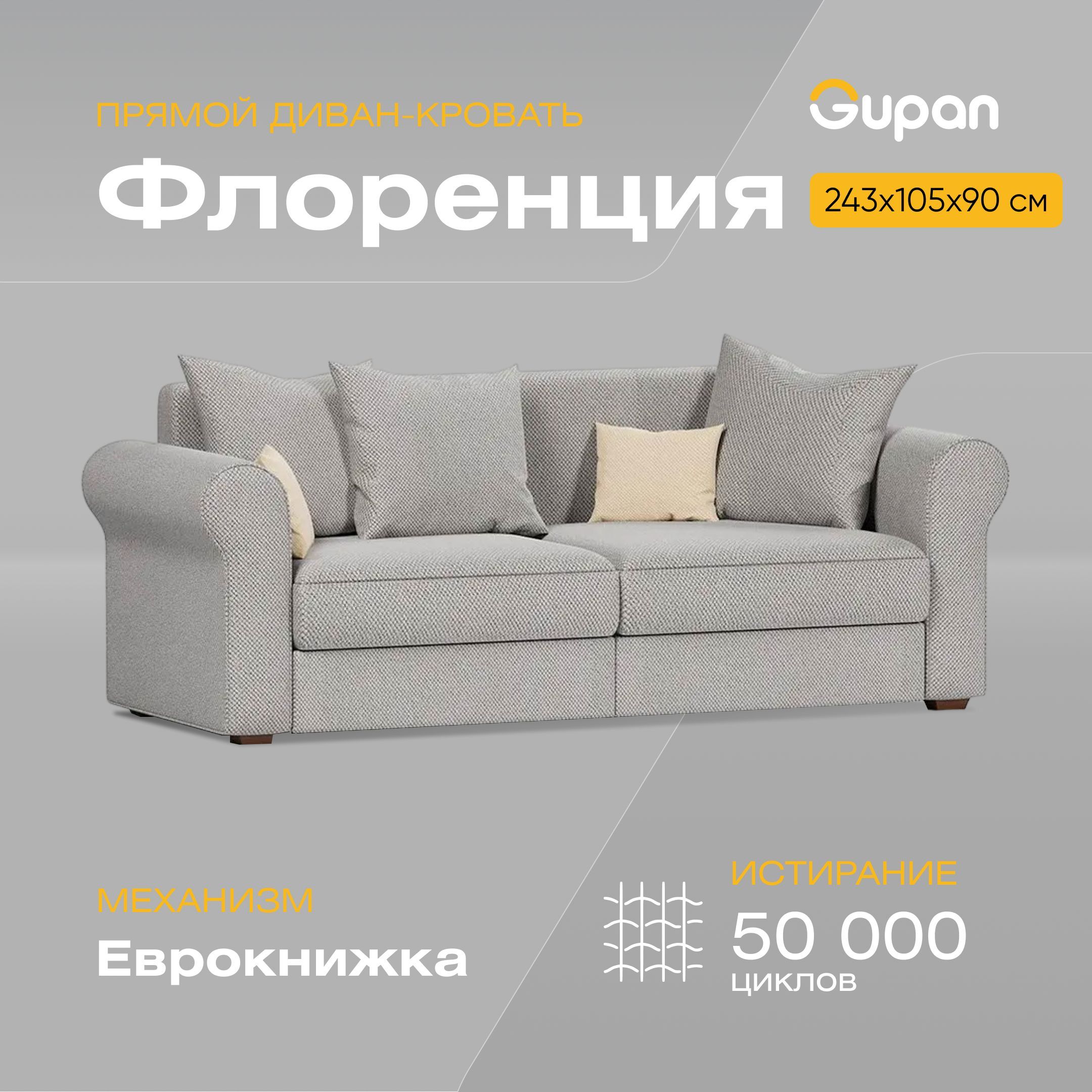 

Диван-кровать Gupan Флоренция, материал Велюр, Amigo Grey, беспружинный, Флоренция