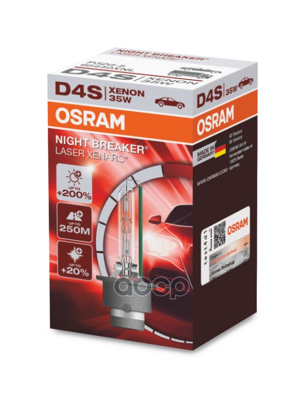 OSRAM Лампа ксенон D4S 42V 35W XENARC NIGHT BRAKER LASER +200% P32d-5, карт.1 шт. OSRAM 66