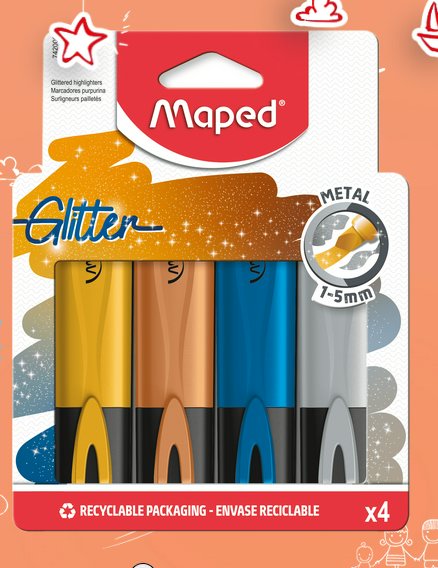 Набор маркеров текстовыделителей Maped Fluo pep's glitter 1-5мм блестящие 4цв