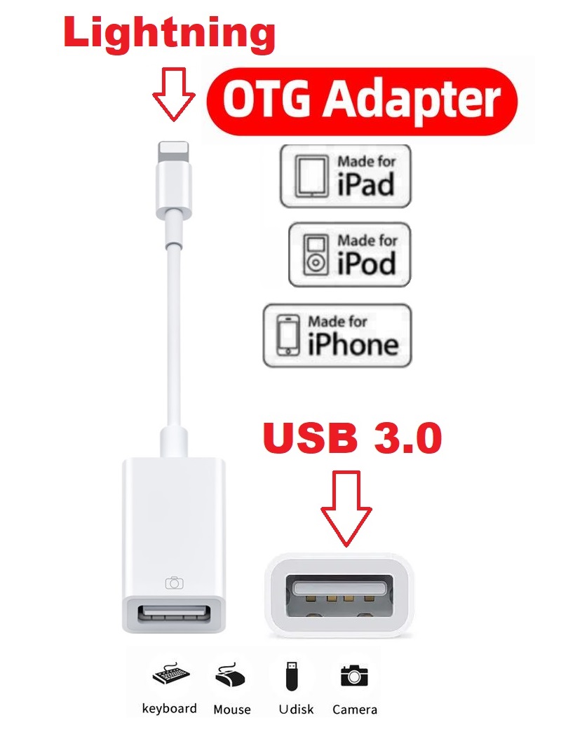 

Адаптер OTG с кабелем Lightning - USB 3.0 для iPhone, iPad, Белый, Lightning - USB_OTG