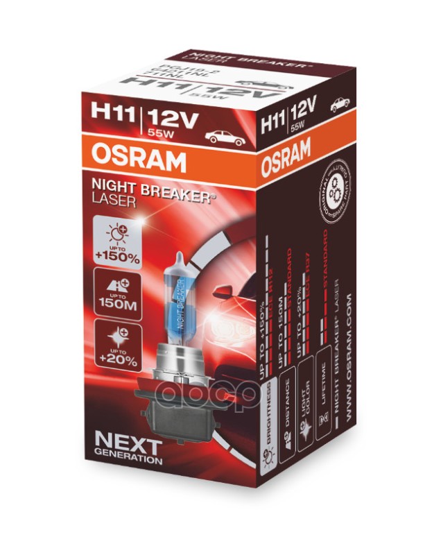 

OSRAM Лампа H11 12V 55W NIGTT BRAKER LASER +150% PGJ19-2, карт.1 шт. OSRAM 64211NL