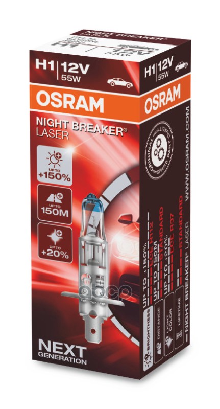 

OSRAM Лампа H1 12V 55W NIGTT BRAKER LASER +150% P14.5s, карт.1 шт. OSRAM 64150NL