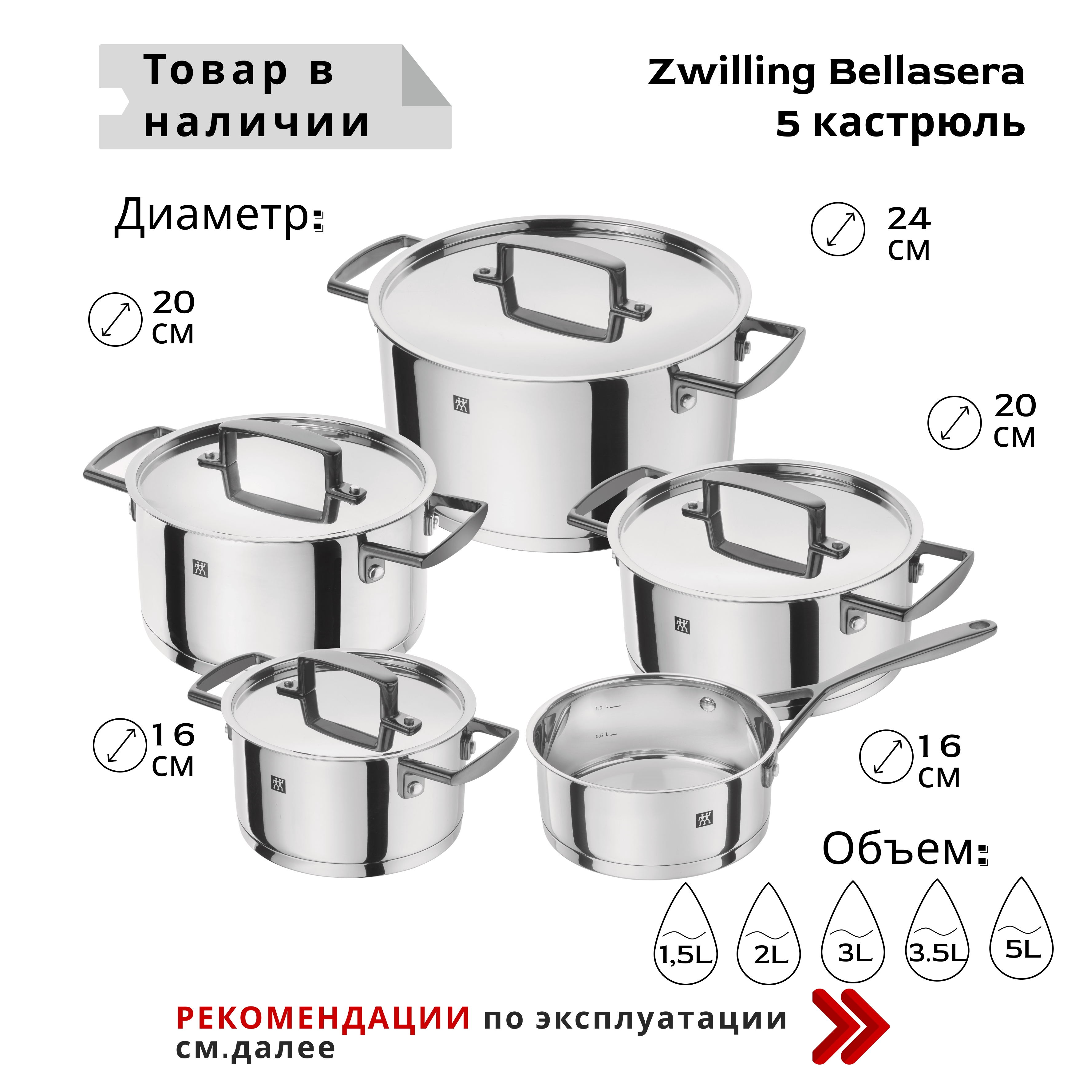 Набор кастрюль Zwilling Bellasera 5 предм с толстым дном с крышками