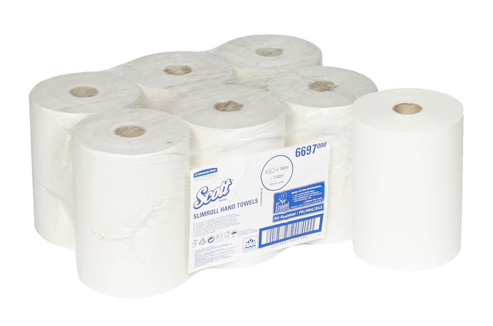 Бумажные полотенца в рулонах Scott Slimroll белые однослойные (6 рул х 190 м)