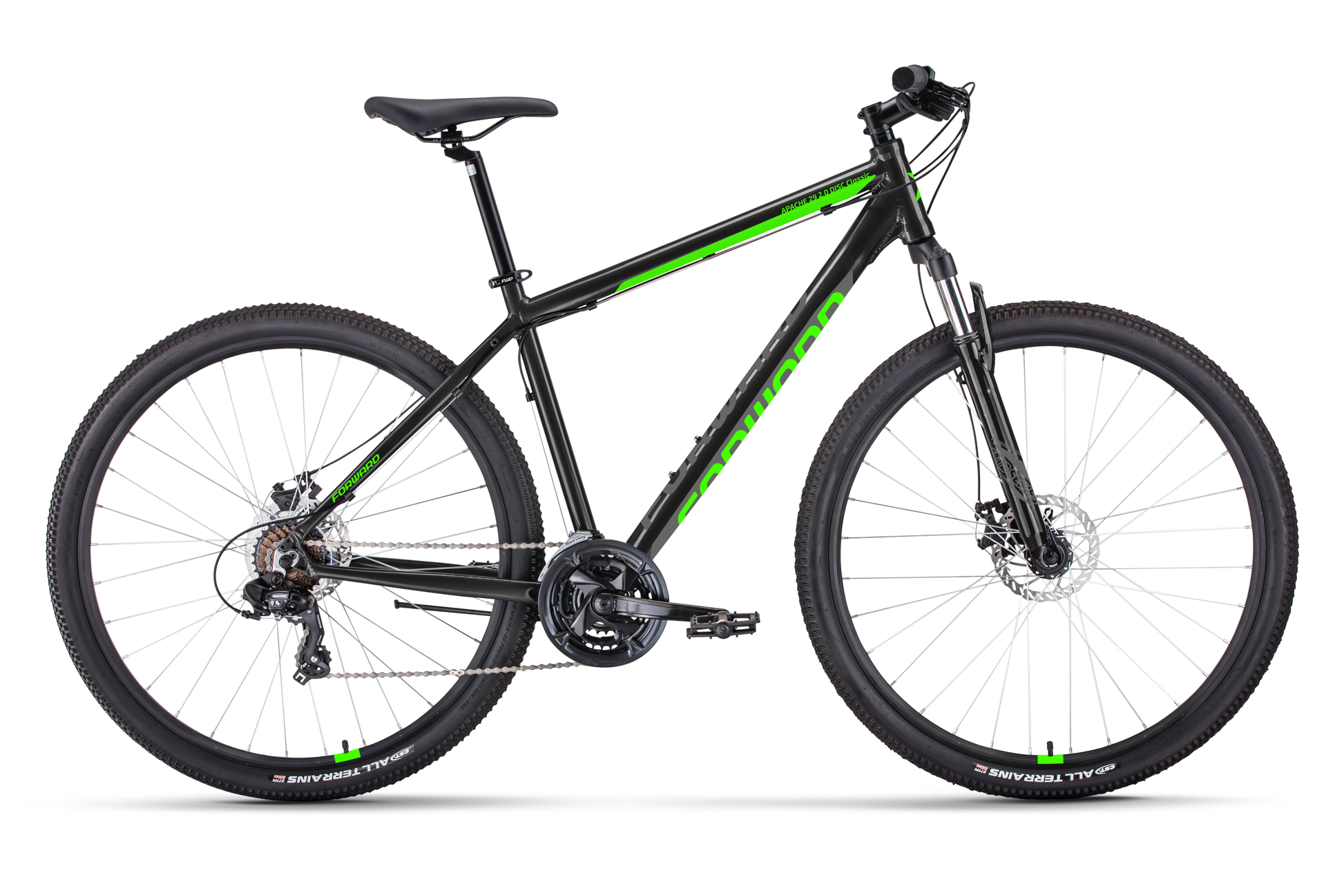 

Велосипед Forward Apache 2.0 D Classic 21 скорость, ростовка 19, чёрный, ярко-зелёный, 29