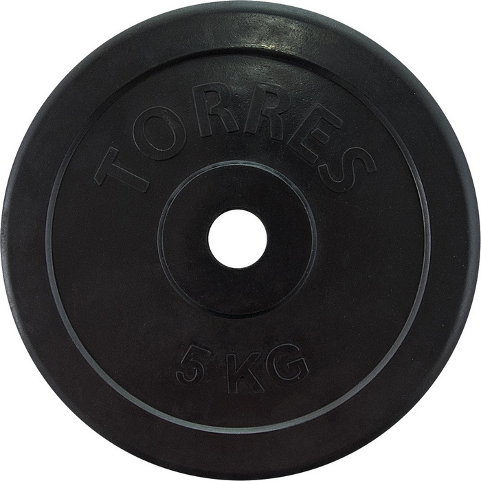 Диск Torres 5 кг, диаметр 25 мм, металл в резиновой оболочке, чёрный
