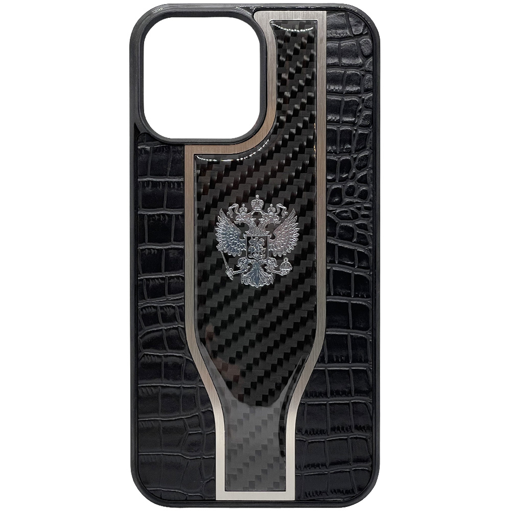

Чехол с гербом РФ кожа-карбон Wave для iPhone 12 Pro Max, iGrape (Черный), Чехол