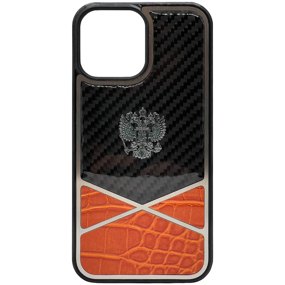 фото Чехол с гербом рф кожа-карбон igrape cross для iphone 13 pro, оранжевый