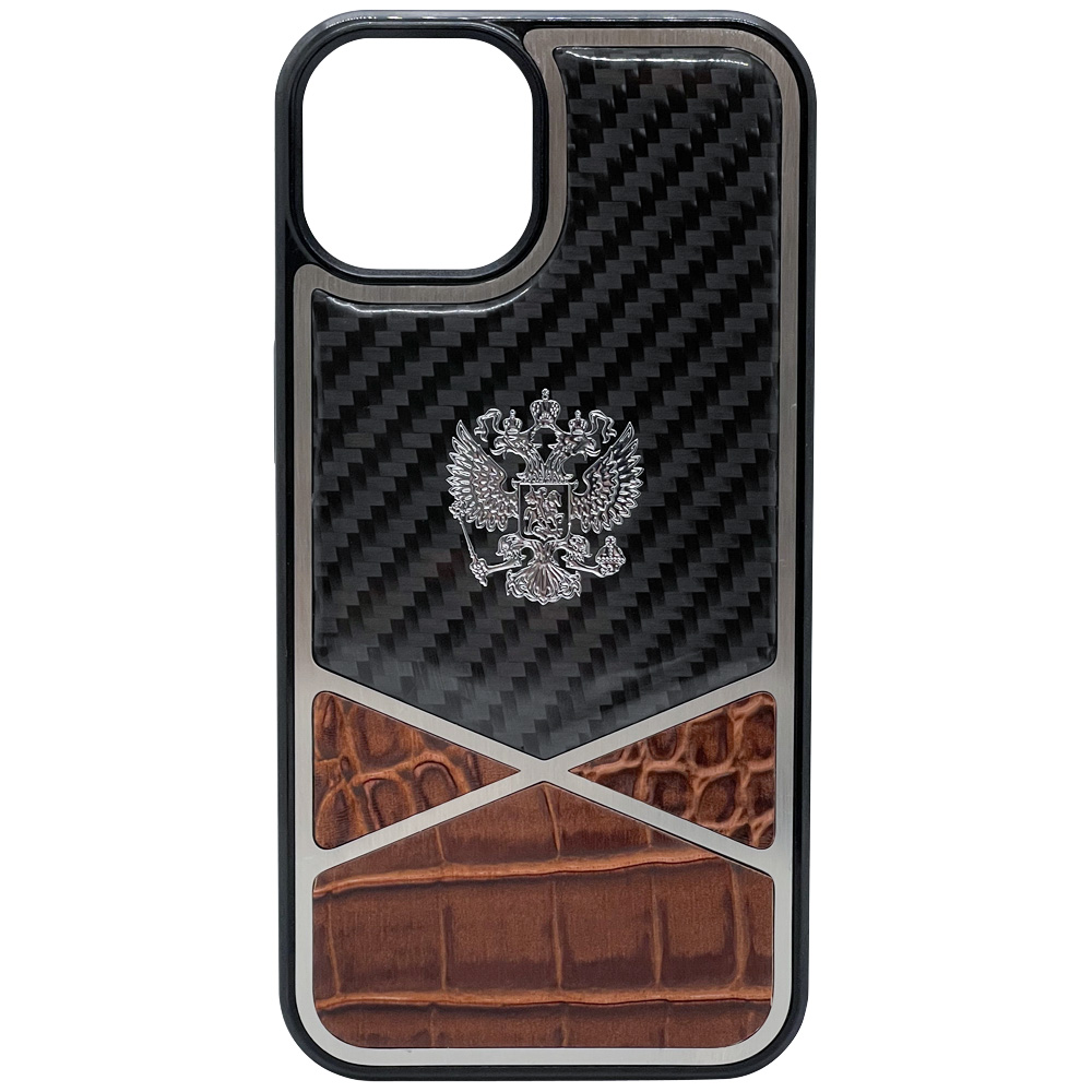 

Чехол с гербом РФ кожа-карбон Cross для iPhone 13, iGrape (Коричневый), Чехол