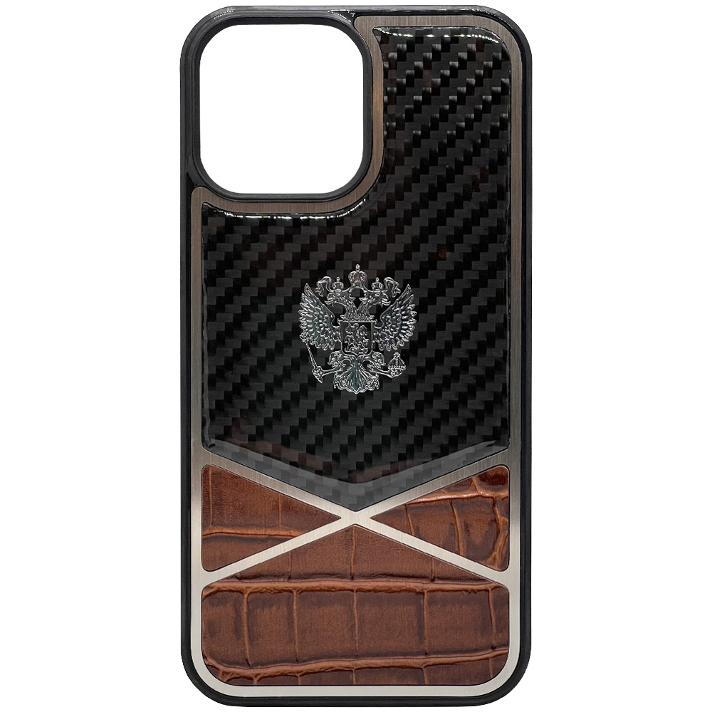 фото Чехол с гербом рф кожа-карбон igrape cross для iphone 12 pro max, коричневый