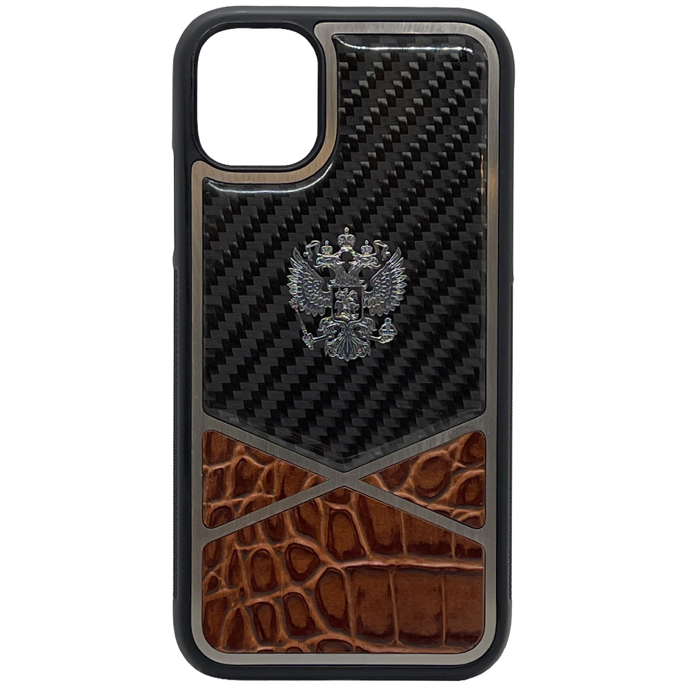фото Чехол с гербом рф кожа-карбон igrape cross для iphone 11, коричневый