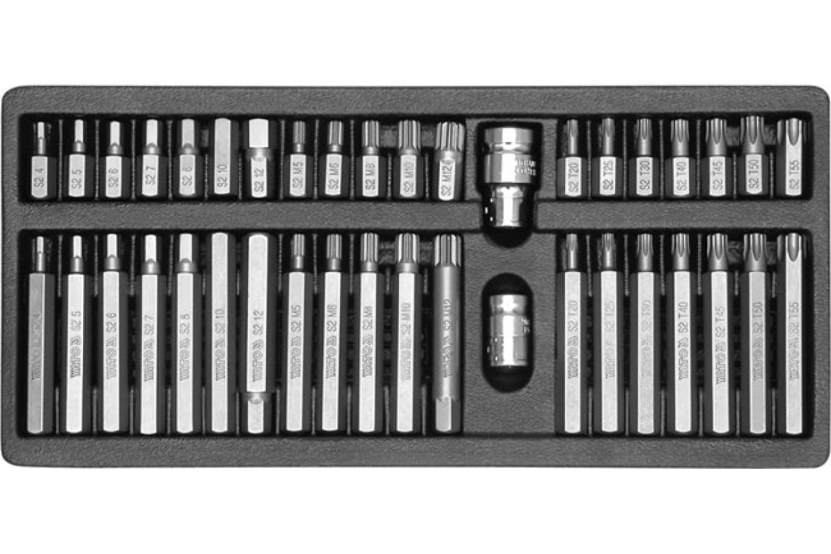 

Набор бит 1/2 inch, 3/8 inch, 40 пр: HEX (6 гр.), SPLINE (12 гр.), TORX, в метал. боксе