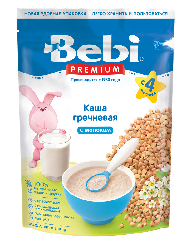 Каша Bebi Premium молочная, гречневая, с 4 месяцев, zip-пакет, 200 г каша фрутоняня 200г молочная гречневая чернослив с 4 месяцев