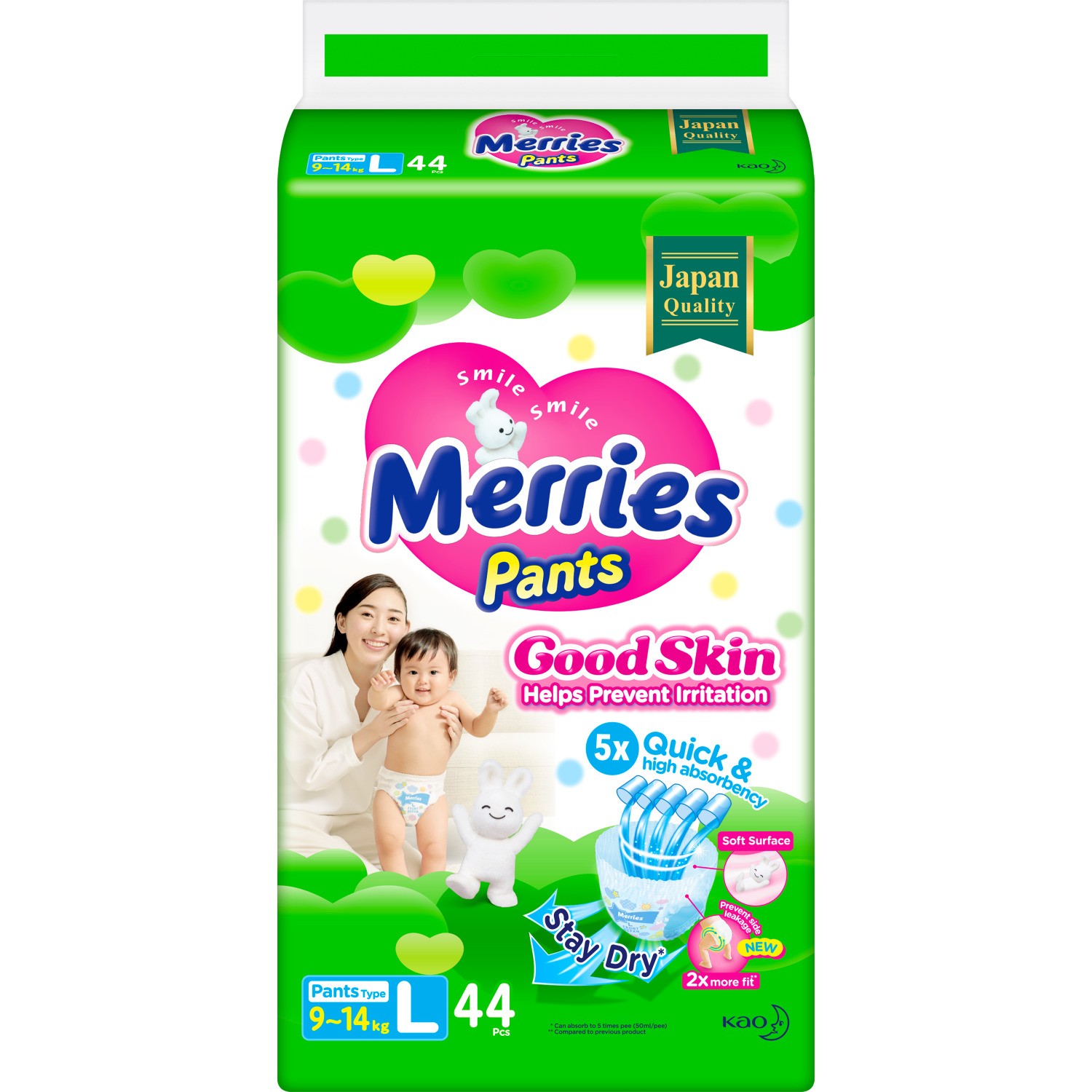 Подгузники-трусики Merries Good Skin L 9-14 кг, 44 шт