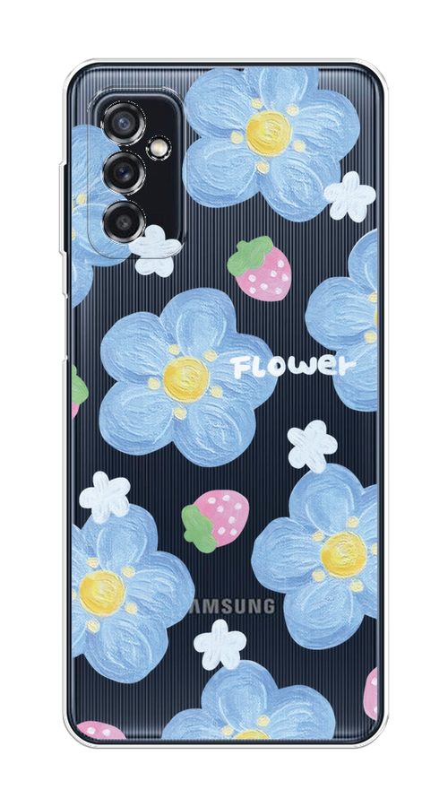 

Чехол на Samsung Galaxy M52 "Цветы и клубники", Прозрачный;голубой;белый, 2104350-1