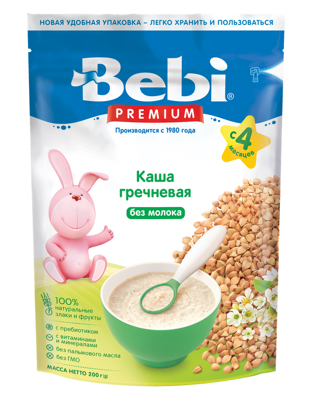 Каша Bebi Premium безмолочная, гречневая, с 4 месяцев, zip-пакет, 200 г