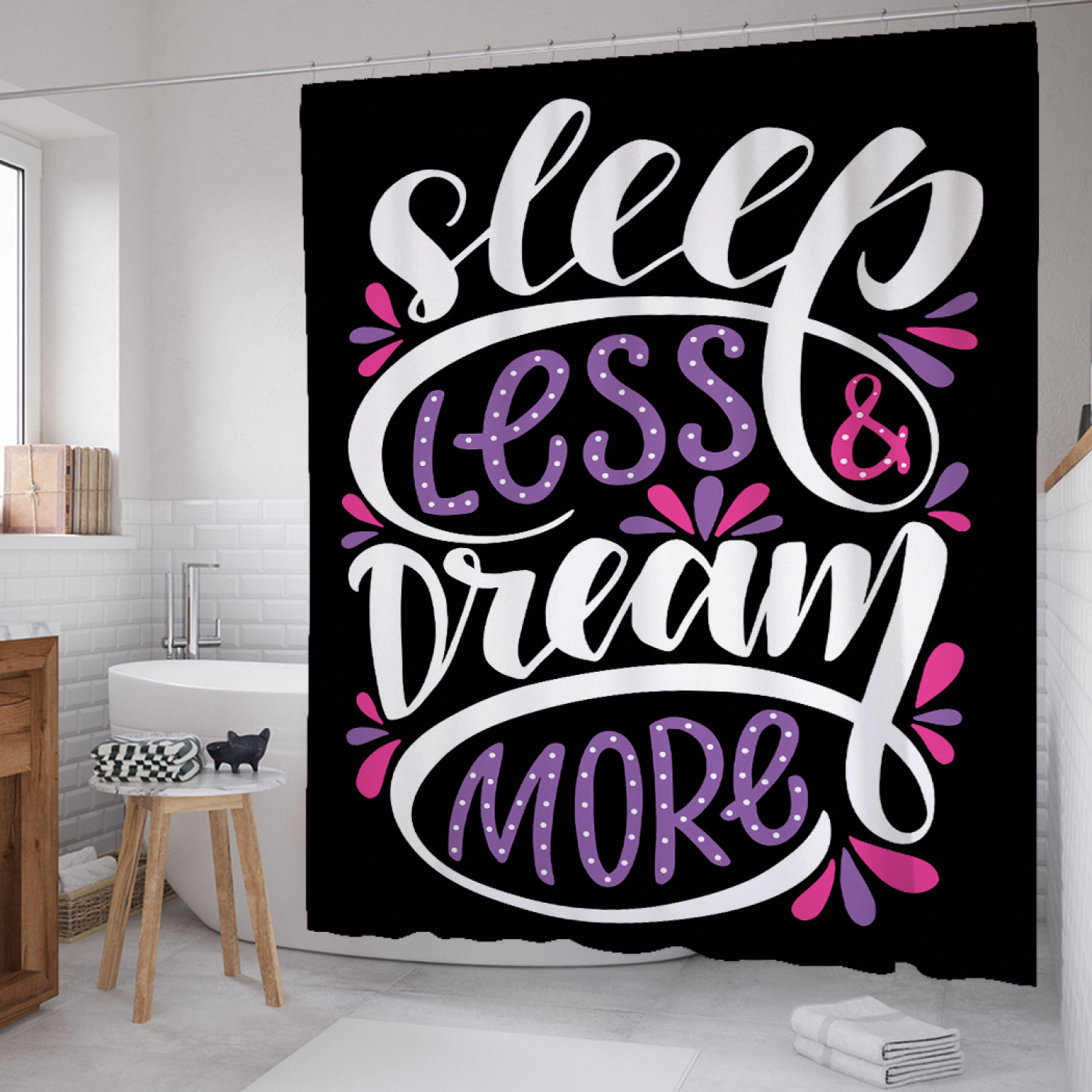 

Штора для ванной JoyArty "Спи и мечтай" из сатена, 180х200 см с крючками, Черный, Спи и мечтай