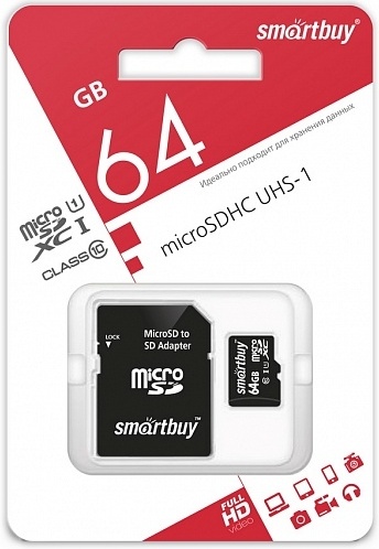 Карта памяти 64GB MicroSD class 10 + SD адаптер SMART BUY