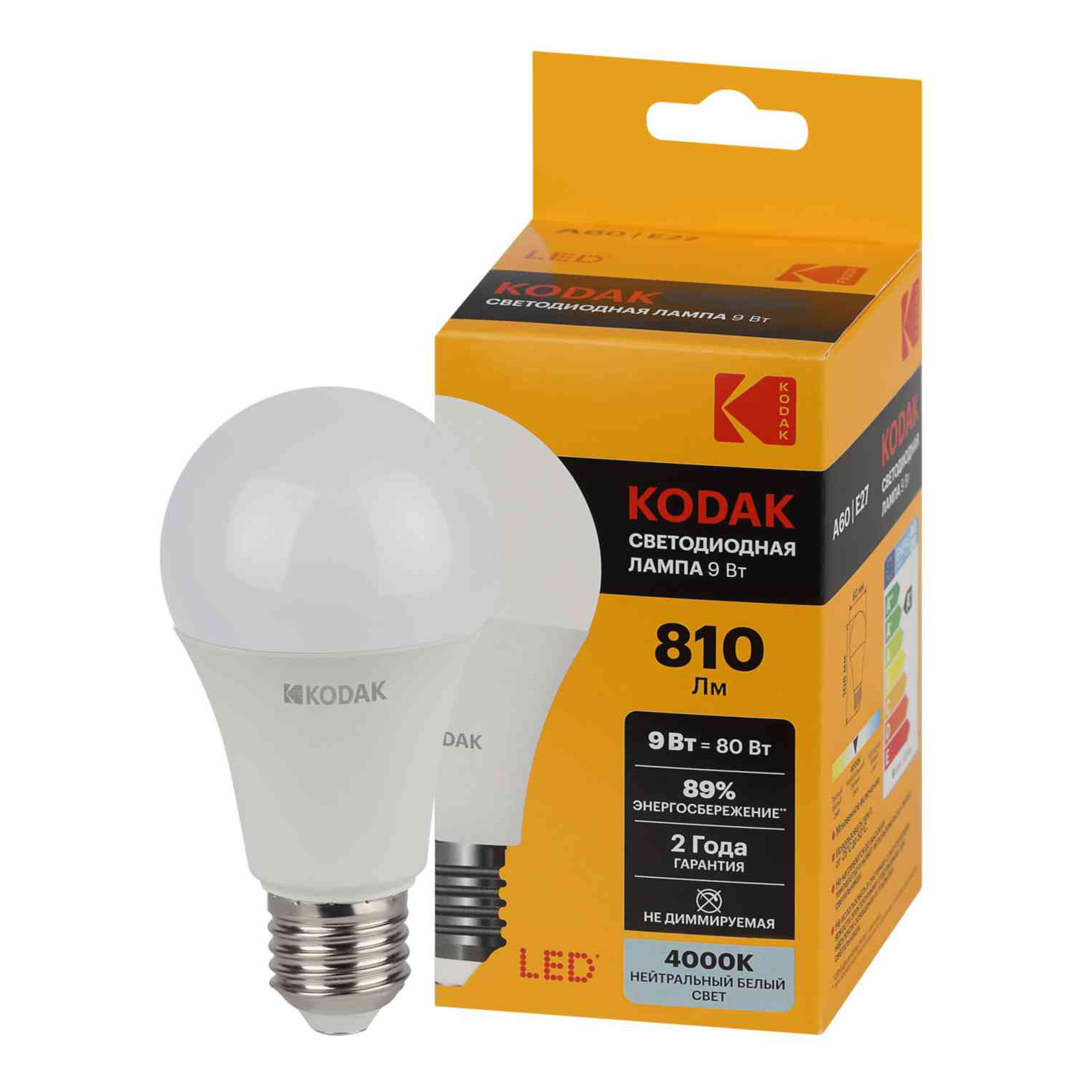 

Лампочка светодиодная Kodak A60 E27 9 Вт 4000 K груша