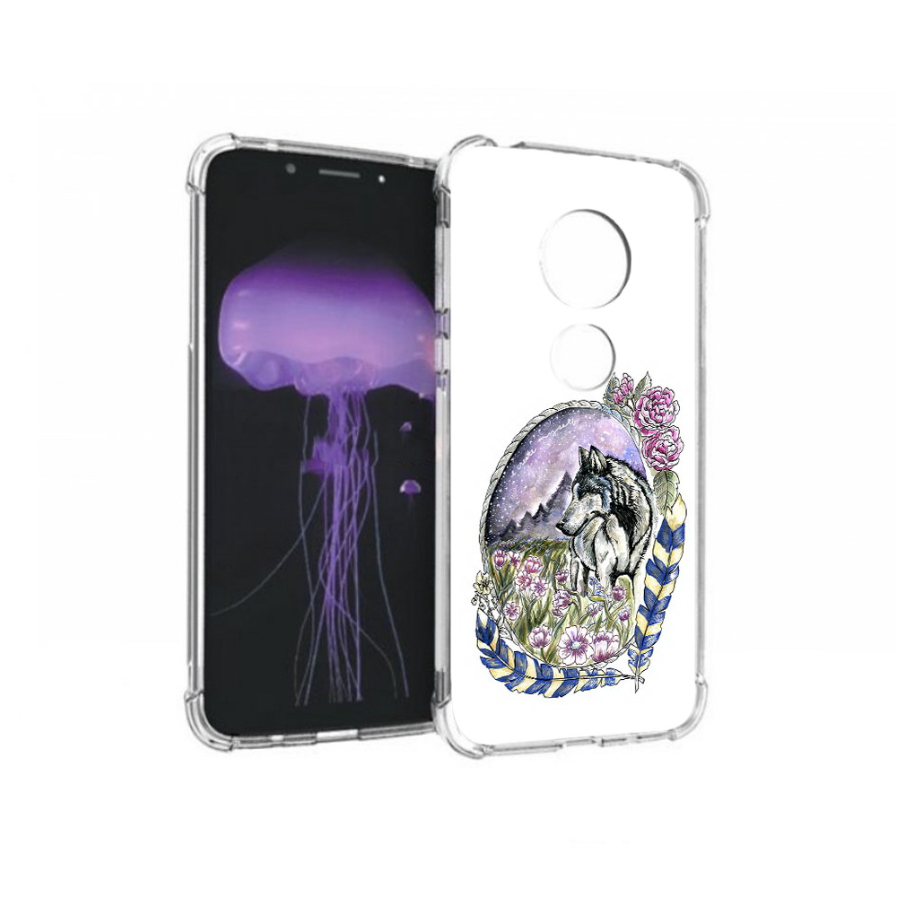 

Чехол MyPads Tocco для Motorola Moto G7 нарисованный волк в цветах с перьями, Прозрачный, Tocco
