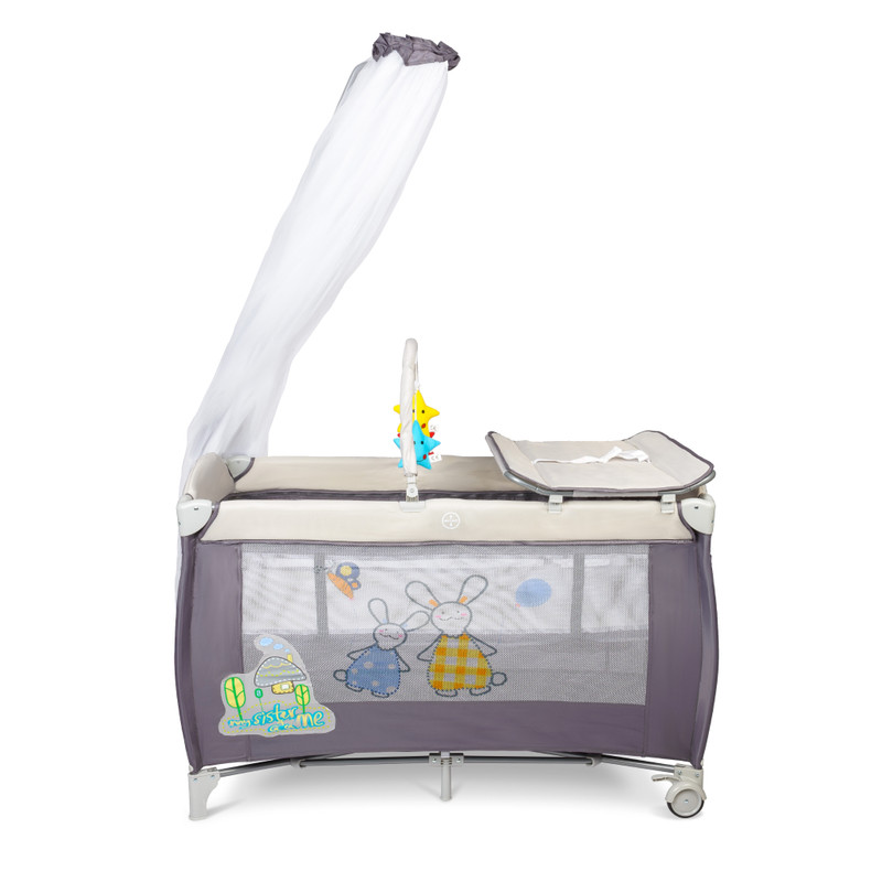 фото Складной детский манеж-кроватка solmax с мягким матрасом, серый, на колесиках hw00932
