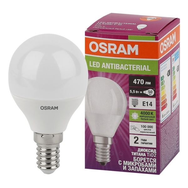 фото Светодиодная антибактериальная лампа osram lc clp40 5,5w/840 230v fr e14 10x1 405807556161