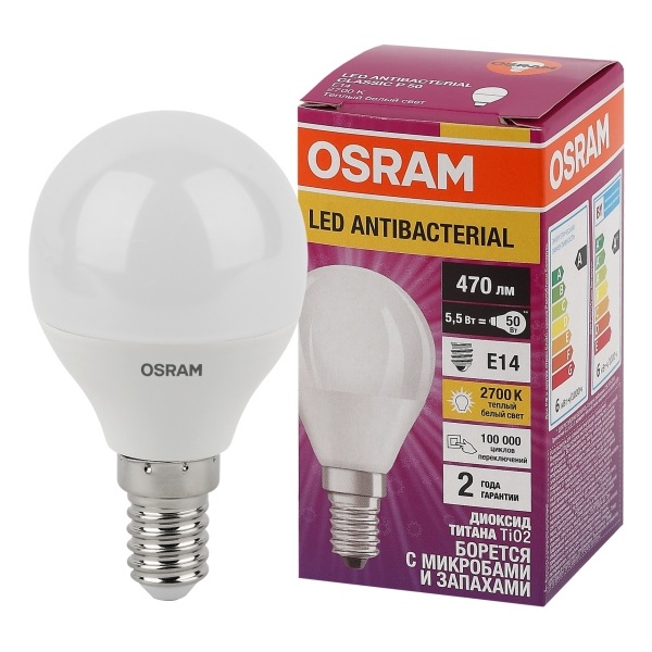 фото Светодиодная антибактериальная лампа osram lc clp40 5,5w/827 230v fr e14 10x1 405807556157