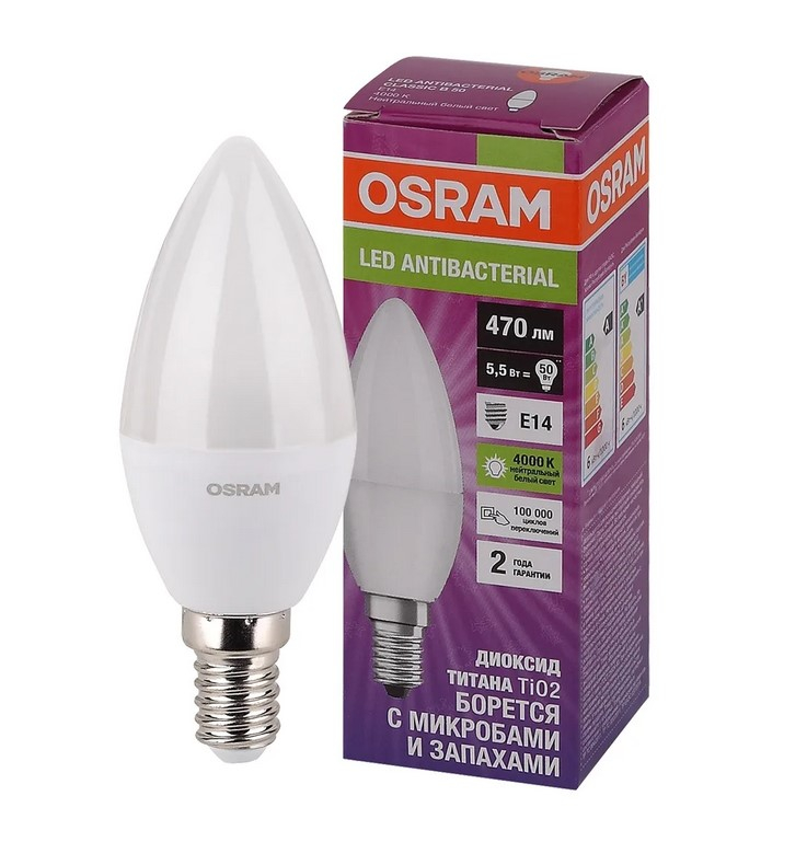 фото Светодиодная антибактериальная лампа osram lc clb40 5,5w/840 230v fr e14 10x1 405807556141