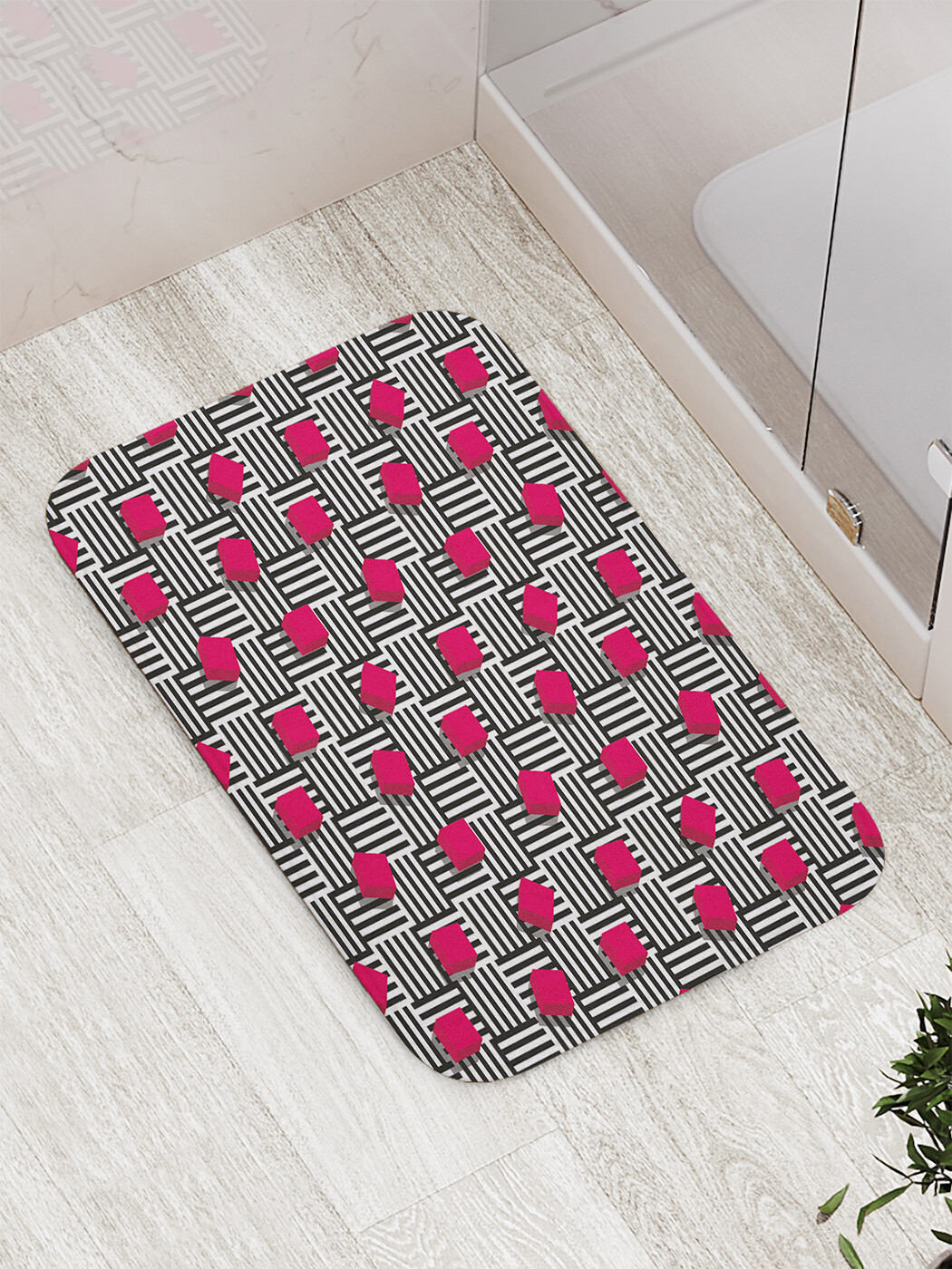 

Коврик JoyArty "Кубы на полосатых квадратах" для ванной, сауны, бассейна, 77х52 см, Кубы на полосатых квадратах