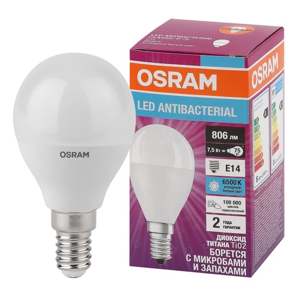 фото Светодиодная антибактериальная лампа osram lc clp60 7,5w/865 230v fr e14 10x1 405807556169