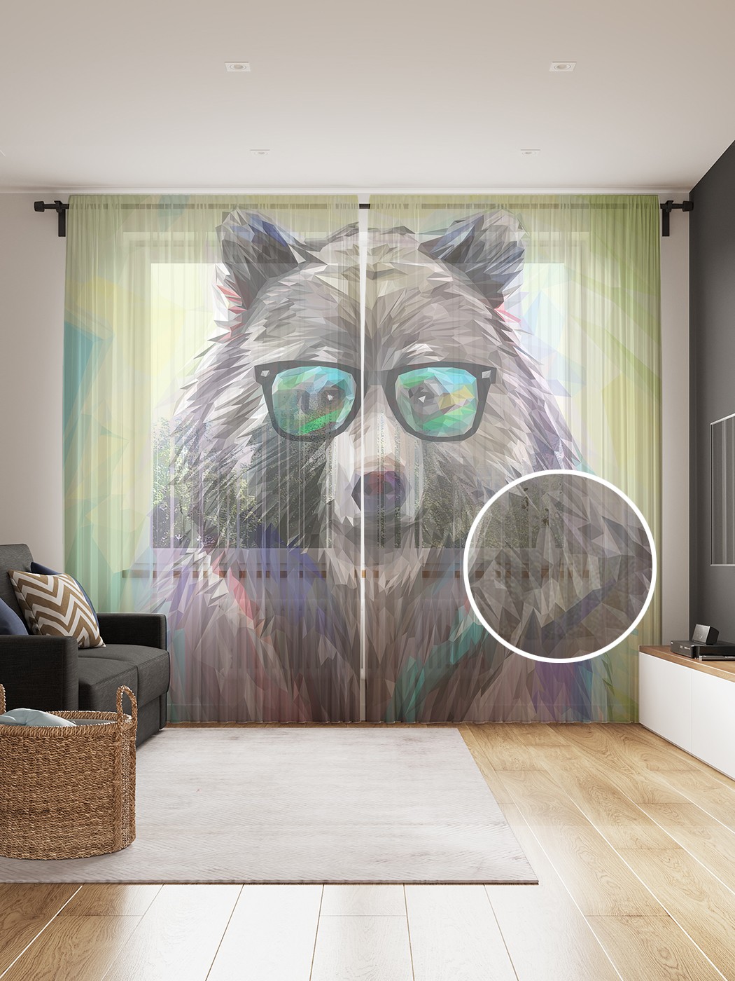 фото Фототюль joyarty "медведь в очках", 145x265см (2 полотна со шторной лентой + 50 крючков)
