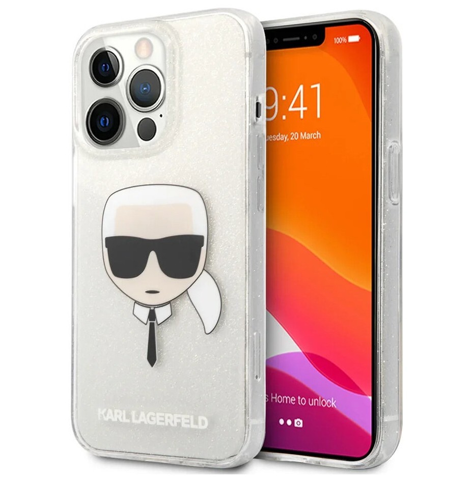 фото Чехол cg mobile karl lagerfeld tpu glitters karl's head hard для iphone 13 pro серебристый