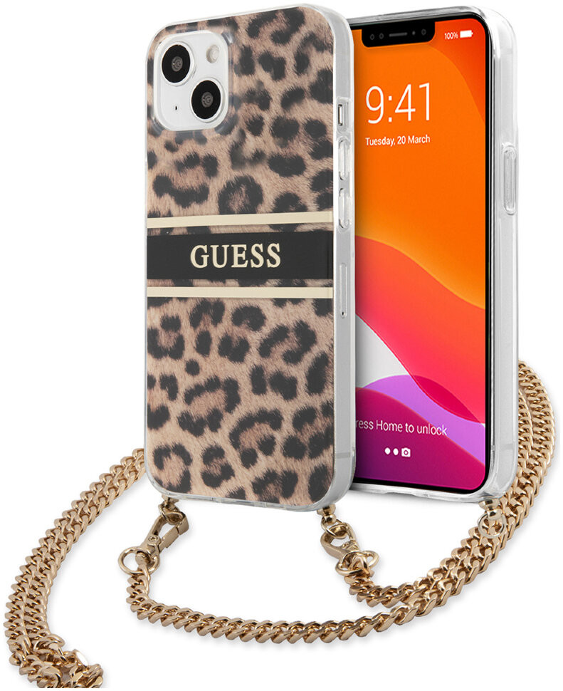 фото Чехол cg mobile guess pc/tpu leopard hard + gold crossbody chain для iphone 13 леопард