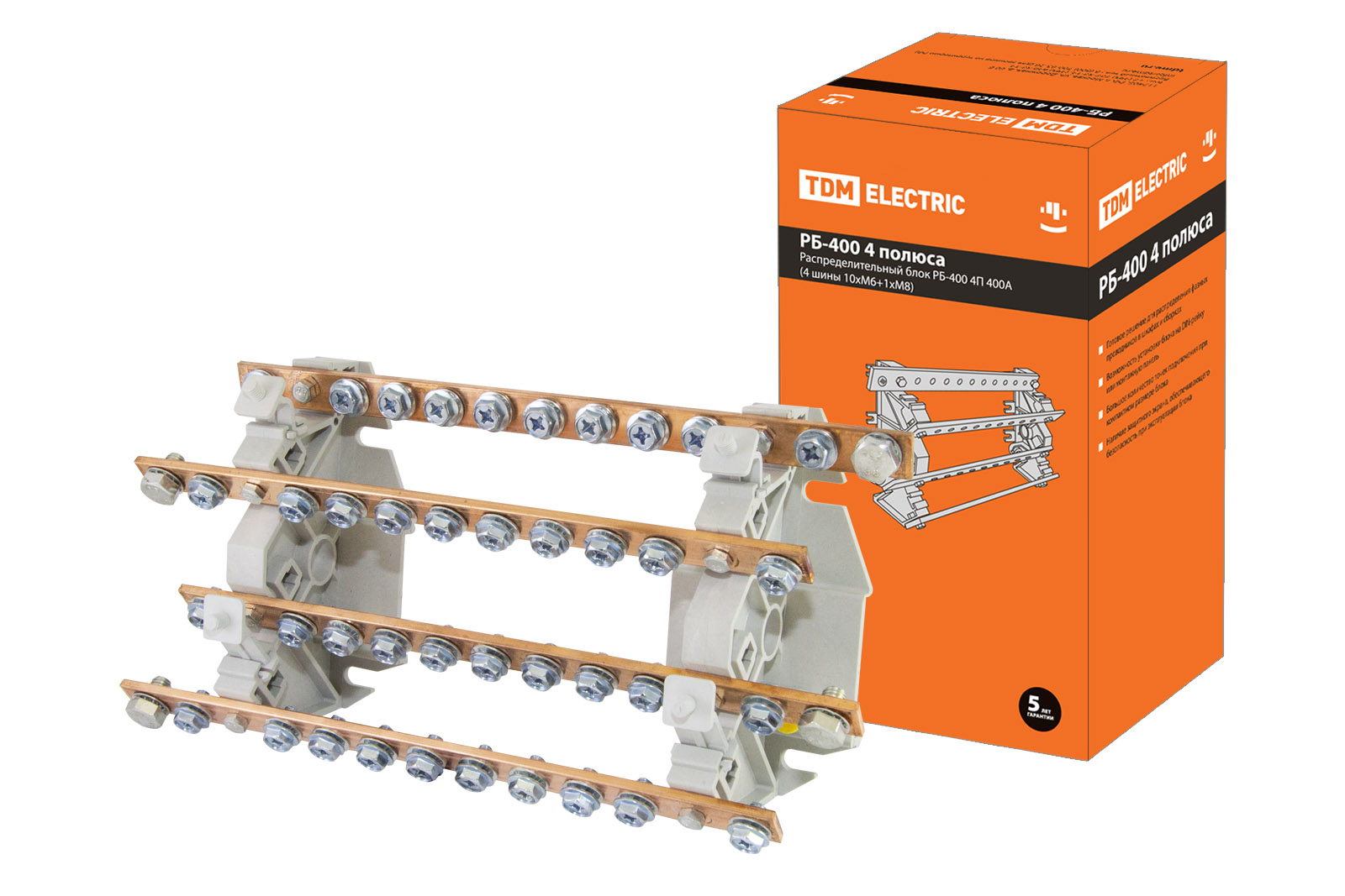 Распределительный блок РБ-400 4П 400А (4 шины 10xM6+1хM8) TDM SQ0823-0010 распределительный блок проходной рбп 35 1х35 4х6 мм2 125 50 а tdm sq0823 0101
