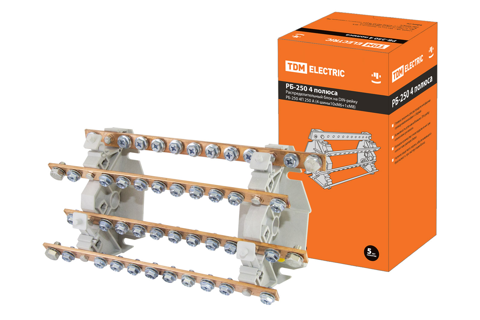 Распределительный блок на DIN-рейку РБ-250 4П 250А (4 шины 10xM6+1хM8) TDM SQ0823-0009 распределительный блок проходной рбп 35 1х35 4х6 мм2 125 50 а tdm sq0823 0101