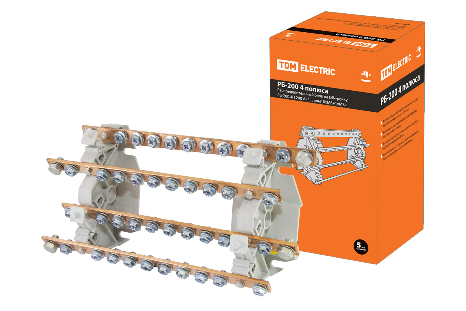 Распределительный блок на DIN-рейку РБ-200 4П 200А (4 шины 10xM6+1хM8) TDM SQ0823-0008 распределительный блок проходной рбп 35 1х35 4х6 мм2 125 50 а tdm sq0823 0101