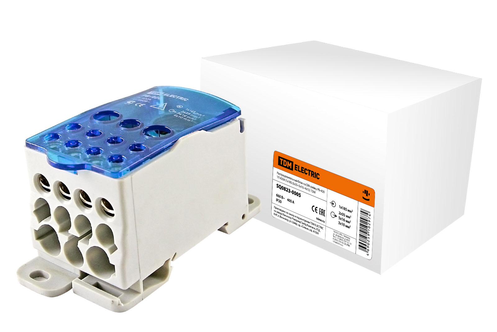 

Распределительный блок на DIN-рейку РБ-400 1П 400А (1х185/2x35+5x16+4x10) TDM SQ0823-0005