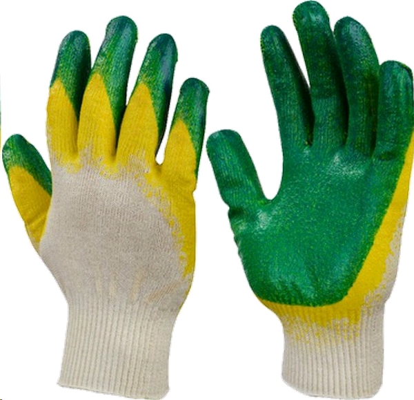Перчатки трикотажные с 2-м латексным обливом 10 пар (зеленые или красные) трикотажные перчатки сибртех